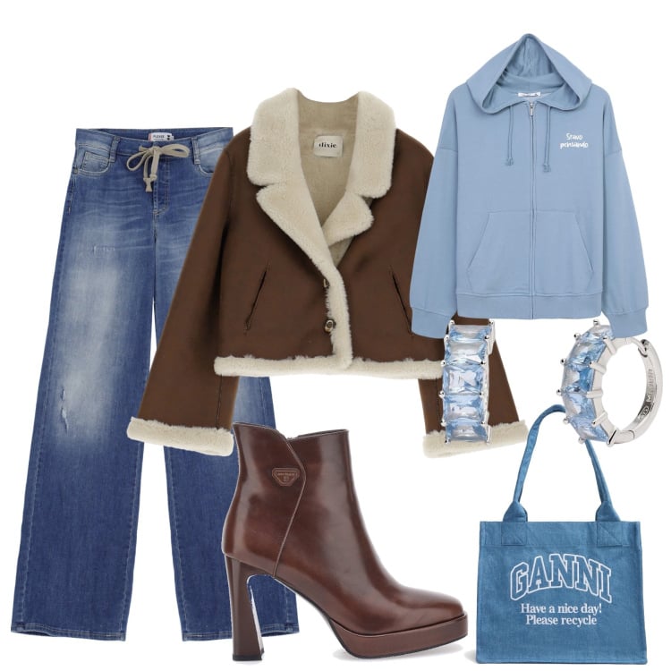 Outfit donna - Jeans e marrone. Stile Casual chic per Tutti i giorni. Abbinamento con orecchini, felpe con cappuccio, jeans a zampa, blazer, shopping bag, stivaletti.