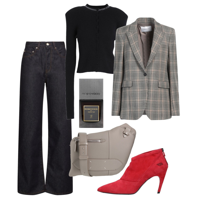Outfit donna - P. of Wales. Stile Mannish per Ufficio. Abbinamento con stivaletti, cardigans, blazer, borse a tracolla, profumi, jeans dritti.