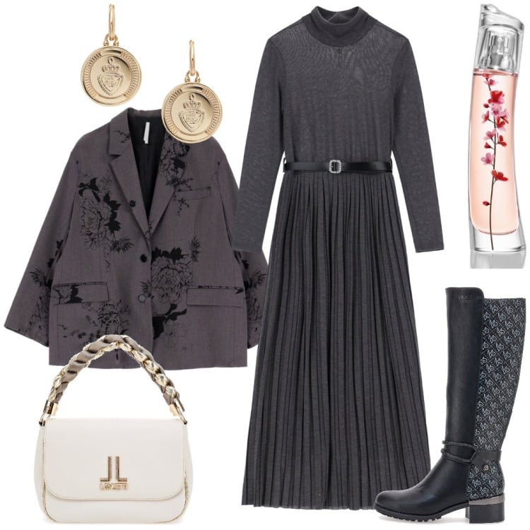 Outfit donna - Il vestito grigio passepartout. Stile Glamour per Tutti i giorni. Abbinamento con profumi, blazer, vestiti, orecchini, stivali, borse a tracolla.