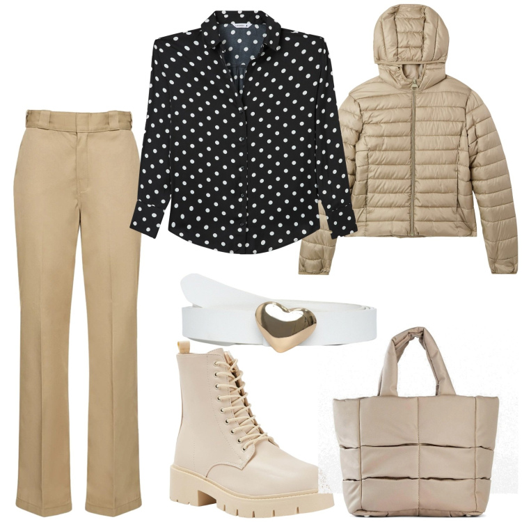 Outfit donna - Eleganza in love. Stile Casual per Scuola/Università. Abbinamento con borse a mano, camicie, anfibi, cinture, piumini, pantaloni.