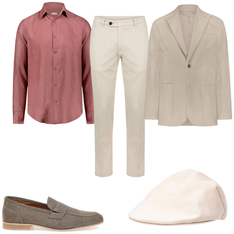 Outfit uomo - Voglia di primavera. Stile Trendy per Serata speciale. Abbinamento con cappelli e berretti, scarpe stringate, giacche, camicie, pantaloni.