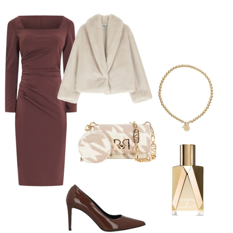 Outfit donna - Cerimonia ( battesimo). Stile Chic per Cerimonia. Abbinamento con décolleté, profumi, ecopellicce, vestiti a tubino, borse a tracolla, collane.
