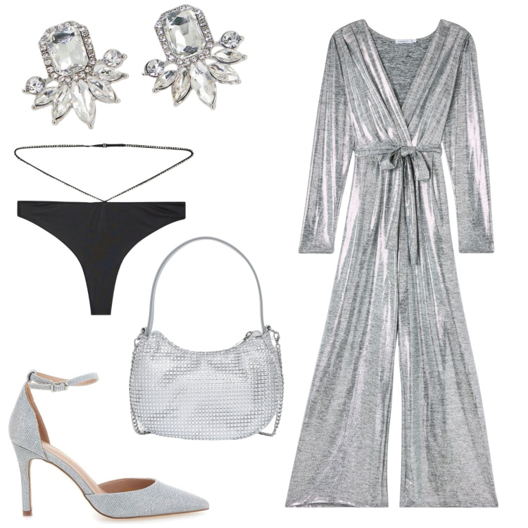Outfit donna - Look vintage rivisitato. Stile Glamour per Serata fuori. Abbinamento con tute, perizomi, borse a spalla, orecchini, décolleté.