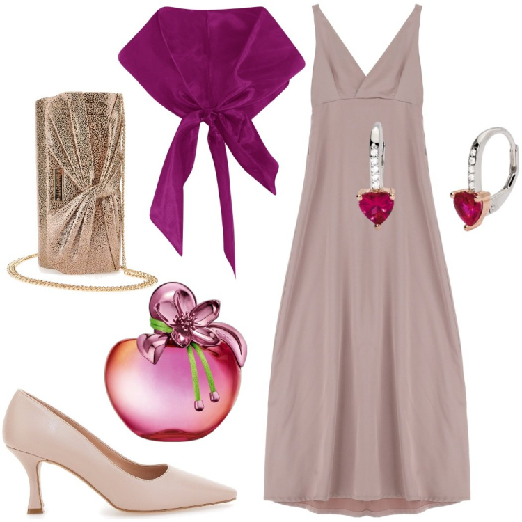 Outfit donna - Cerimonia in primavera. Stile Glamour per Cerimonia. Abbinamento con profumi, orecchini, bolero, vestiti lunghi, décolleté, pochette.