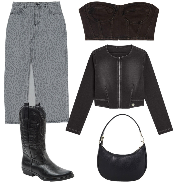 Outfit donna - Total denim. Stile Rock per Tutti i giorni. Abbinamento con top, stivali, blazer, gonne lunghe, borse a spalla.