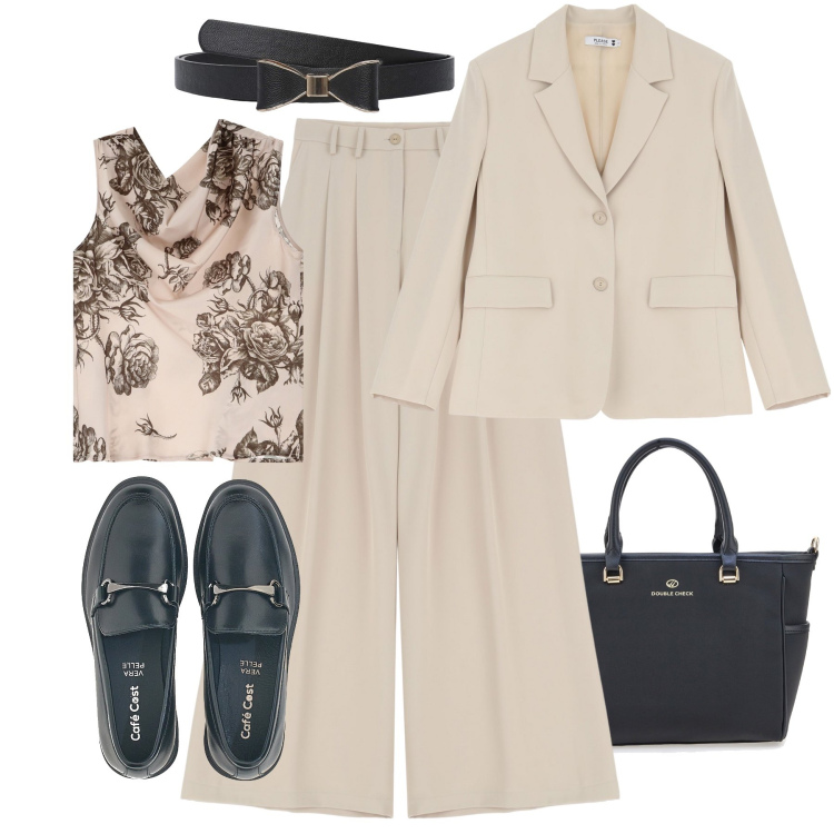 Outfit donna - Ufficio panna e nero. Stile Glamour per Ufficio. Abbinamento con cinture, pantaloni, blazer, top, mocassini, borse a tracolla.