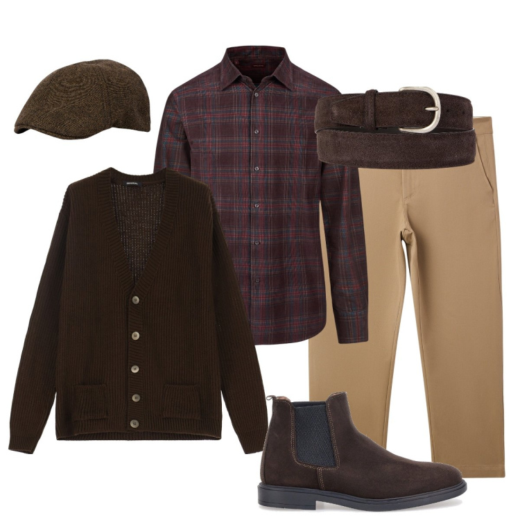 Outfit uomo - Che stile!. Stile Casual per Tutti i giorni. Abbinamento con pantaloni chino, cardigans, cinture, stivali e stivaletti, camicie, cappelli con visiera.