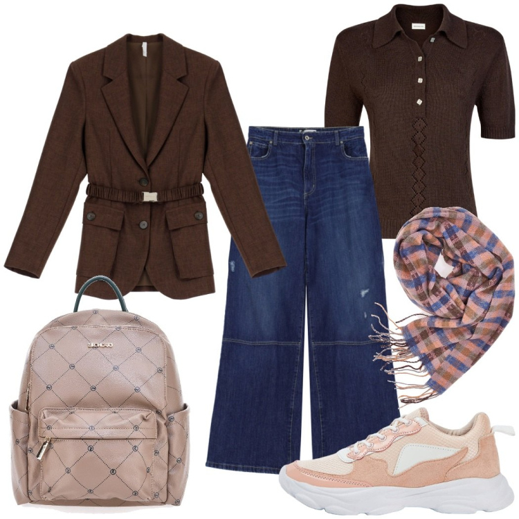 Outfit donna - In gita con la scuola. Stile Casual chic per Tutti i giorni. Abbinamento con sneakers, jeans a zampa, blazer, polo, sciarpe, zaini.