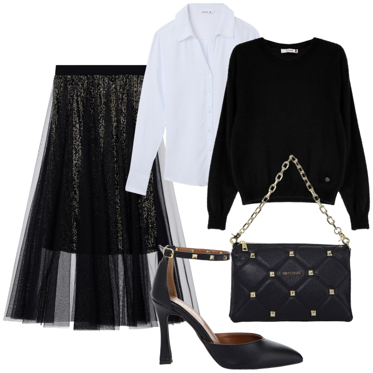 Outfit donna - Serata. Stile Glamour per Serata fuori. Abbinamento con camicie, décolleté, borse a spalla, maglieria, gonne.