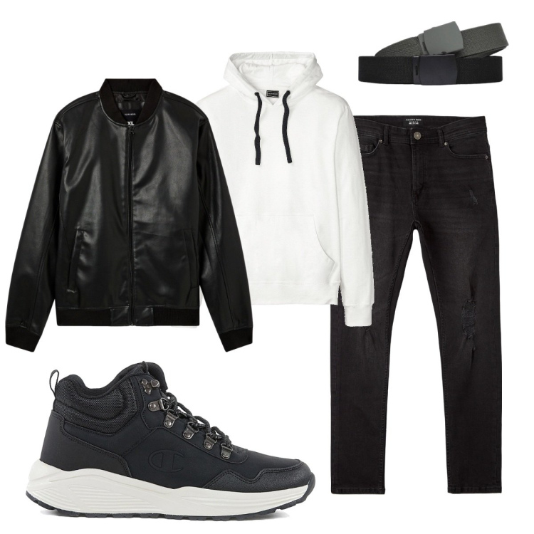 Outfit uomo - Total look #2056611. Stile Urban per Tutti i giorni. Abbinamento con felpe con cappuccio, jeans strappati, bomber, cinture, sneakers.