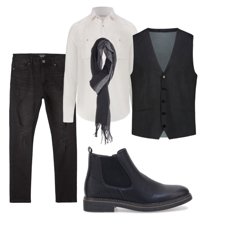 Outfit uomo - Total look #2056614. Stile Trendy per Tutti i giorni. Abbinamento con jeans strappati, camicie, sciarpe, stivali e stivaletti, gilet.