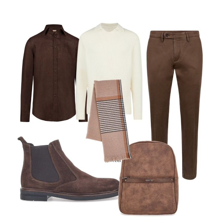 Outfit uomo - Accessoriato. Stile Trendy per Tutti i giorni. Abbinamento con camicie, stivali e stivaletti, sciarpe, maglieria, pantaloni chino, borse sportive.