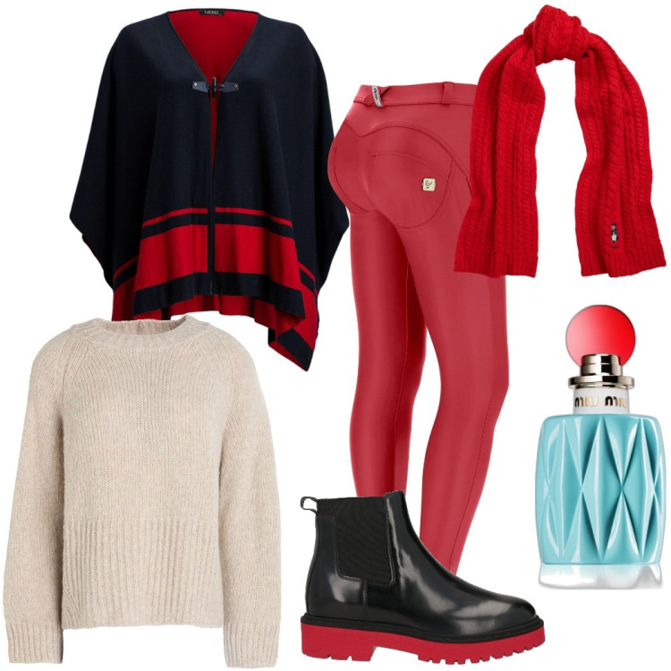 Outfit donna - Intorno al rosso. Stile Casual chic per Tutti i giorni. Abbinamento con stivaletti chelsea, pullovers, profumi, pantaloni skinny, sciarpe, cappotti.