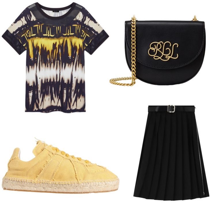 Outfit donna - Giallo Estivo. Stile Casual per Tutti i giorni. Abbinamento con espadrillas, gonne longuette, borse a tracolla, t-shirt.