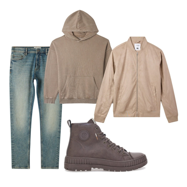 Outfit uomo - Total look #2056622. Stile Casual per Tutti i giorni. Abbinamento con bomber, felpe con cappuccio, jeans skinny, sneakers.