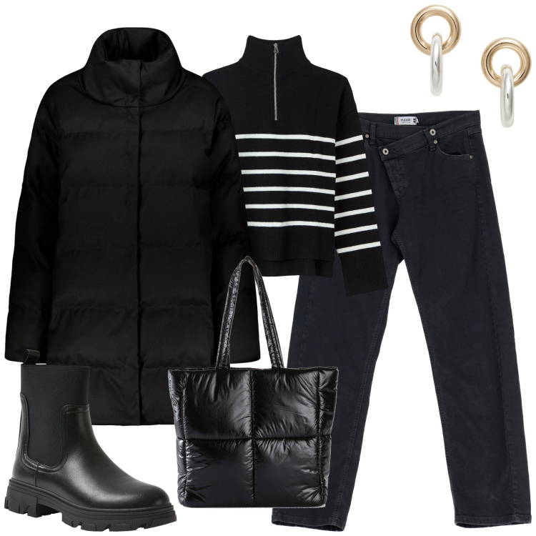 Outfit donna - City. Stile Urban per Tutti i giorni. Abbinamento con shopping bag, maglieria, stivaletti chelsea, jeans, orecchini, cappotti.