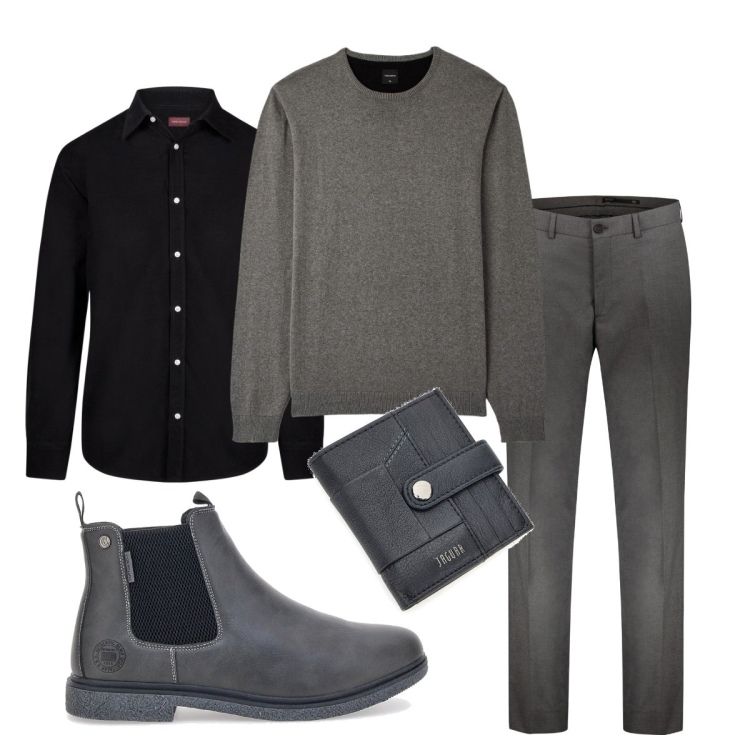 Outfit uomo - In ufficio senza giacca. Stile Trendy per Ufficio. Abbinamento con maglieria, pantaloni, portafogli, stivali e stivaletti, camicie.