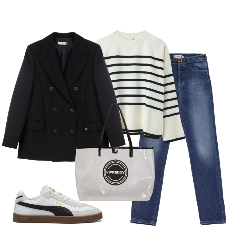 Outfit donna - City. Stile Casual per Tutti i giorni. Abbinamento con maglieria, blazer, jeans slim fit, shopping bag, sneakers.