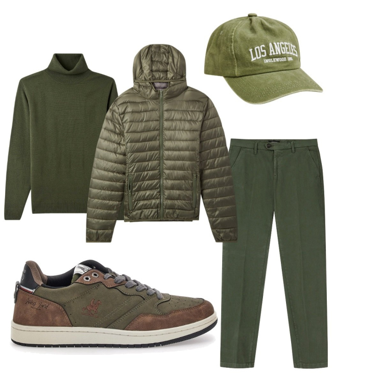 Outfit uomo - Verdi tonalità. Stile Trendy per Tutti i giorni. Abbinamento con piumini, cappelli, maglieria, pantaloni chino, sneakers.