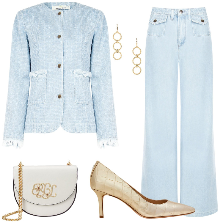 Outfit donna - Spring. Stile Casual chic per Ufficio. look ideale per Petite. Abbinamento con blazer, jeans dritti, top, décolleté, borse a tracolla, orecchini.