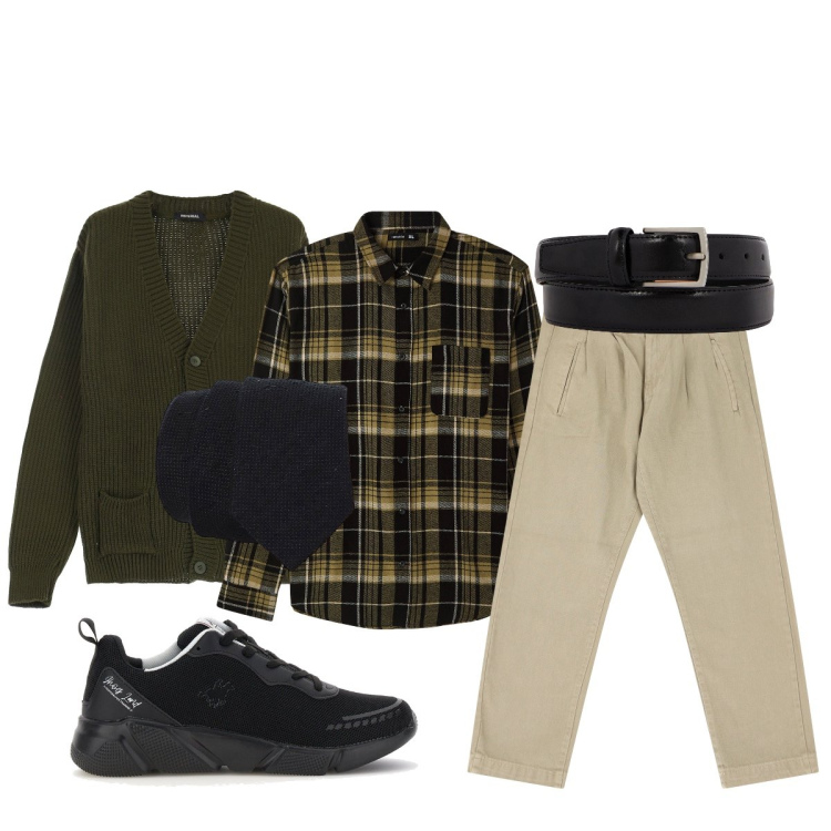 Outfit uomo - In ufficio. Stile Casual per Tutti i giorni. Abbinamento con camicie, cravatte, cardigans, pantaloni, sneakers, cinture.