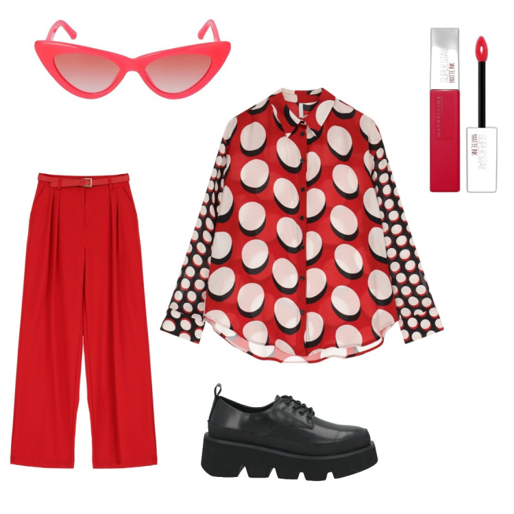 Outfit donna - Red & red. per Tutti i giorni. Abbinamento con scarpe stringate, rossetti, pantaloni a palazzo, camicie, occhiali da sole.