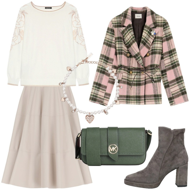 Outfit donna - Romantica con la giacchina scozzese. Stile Romantica per Serata fuori. Abbinamento con stivaletti, borse a tracolla, braccialetti, gonne longuette, blazer, maglieria.