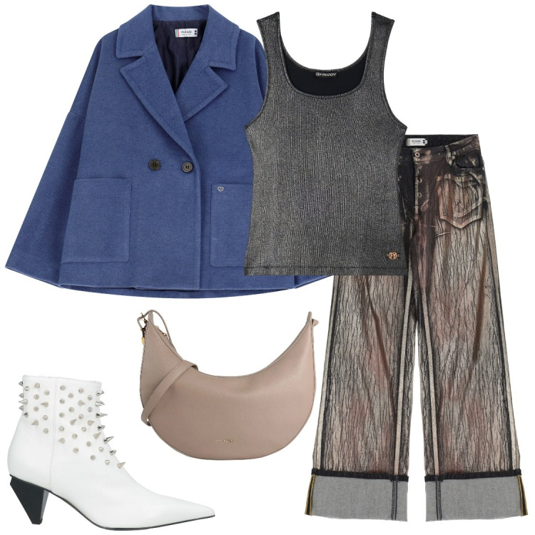 Outfit donna - Color tortora. Stile Casual chic per Serata fuori. Abbinamento con stivaletti, borse a tracolla, canottiere, pantaloni, blazer.