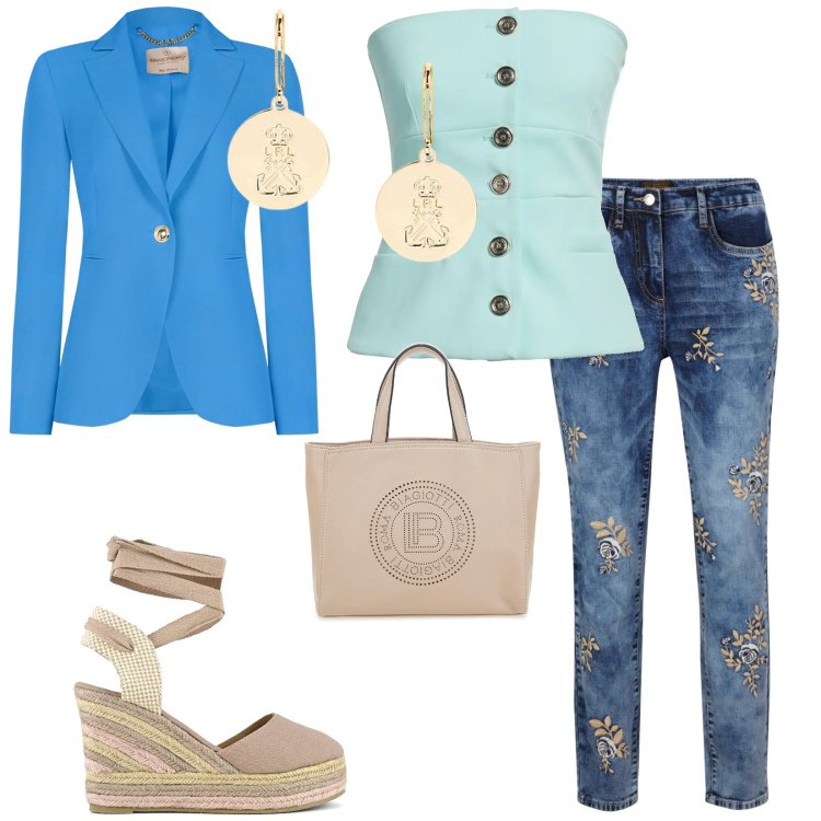 Outfit donna - Si pensa alla bella stagione. per Tutti i giorni. Abbinamento con jeans, top, blazer, orecchini, espadrillas, borse a tracolla.