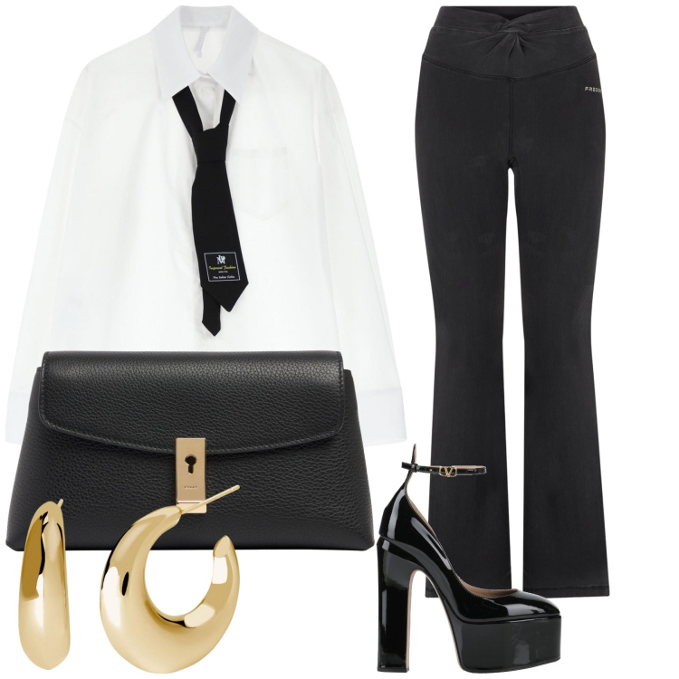 Outfit donna - Super femminile cravatta. Stile Glamour per Serata fuori. Abbinamento con décolleté, orecchini, camicie, jeggings, pochette.