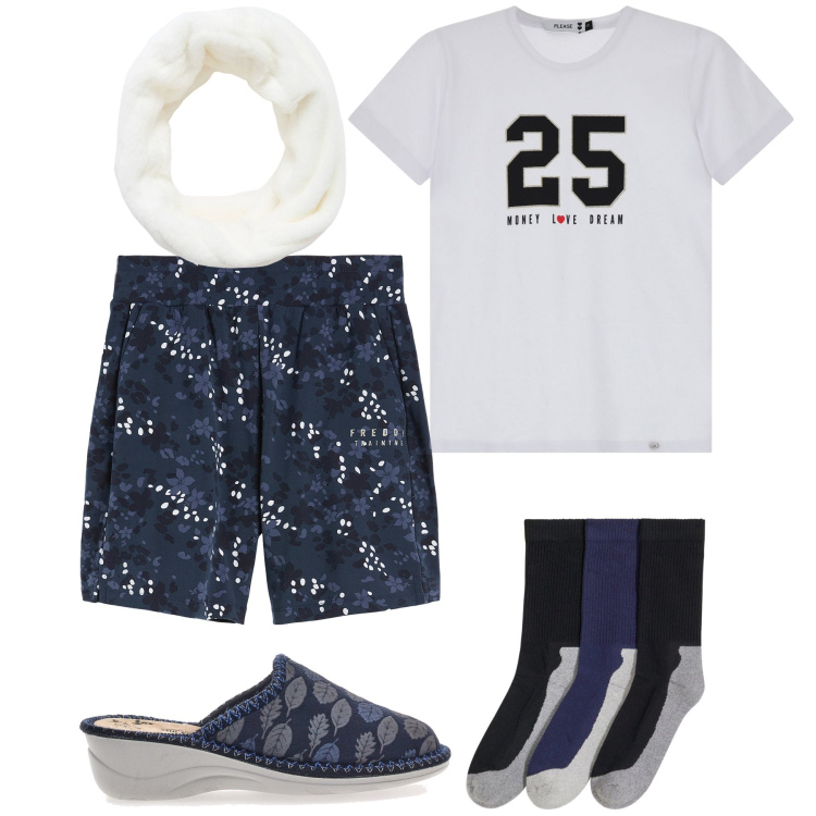 Outfit donna - Venerdì sera a casa. Stile Basic per Tutti i giorni. Abbinamento con calzini, fasce per capelli, t-shirt, pantaloni corti, pantofole.