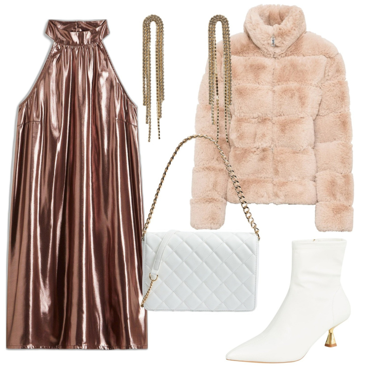 Outfit donna - Abito metallico. Stile Glamour per Serata fuori. Abbinamento con vestiti corti, ecopellicce, stivaletti, borse a tracolla, orecchini.