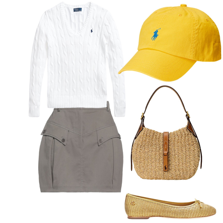 Outfit donna - Total look. Stile Preppy per Tutti i giorni. Abbinamento con minigonne, cappelli, maglieria, ballerine, borse a spalla.