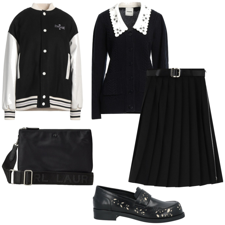 Outfit donna - Collegio. Stile Preppy per Scuola/Università. Abbinamento con mocassini, blazer, cardigans, gonne longuette, borse a tracolla.