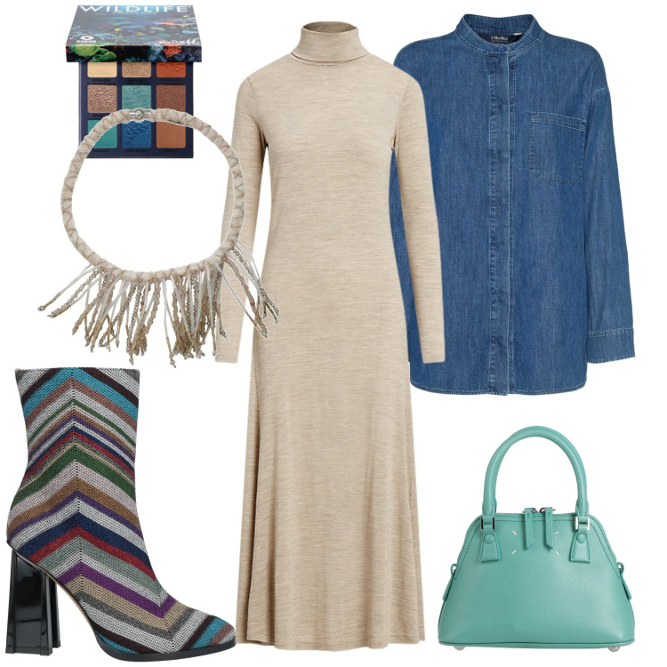 Outfit donna - City. Stile Glamour per Tutti i giorni. Abbinamento con stivaletti, collane, borse a mano, ombretti, vestiti, camicie.