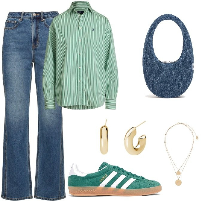 Outfit donna - Total look #2056704. Stile Casual per Tutti i giorni. Abbinamento con orecchini, camicie, ciondoli, jeans dritti, sneakers, borse a mano.