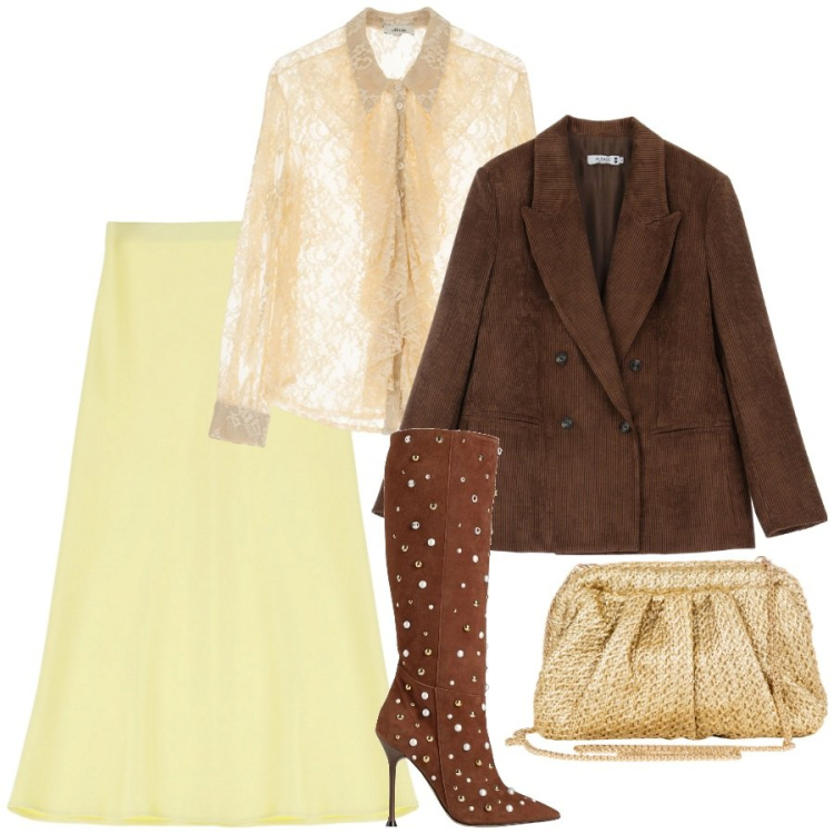 Outfit donna - Giallino a frebbaio. Stile Glamour per Serata fuori. Abbinamento con stivali, clutch, blazer, gonne longuette, camicie.