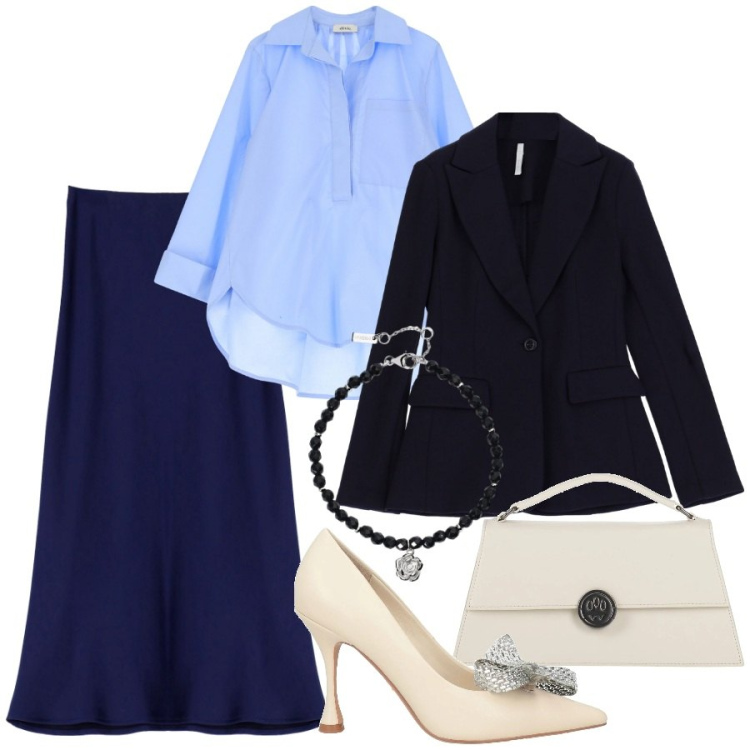 Outfit donna - Gonna midi blu. Stile Bon Ton per Ufficio. Abbinamento con décolleté, borse a mano, braccialetti, gonne lunghe, blazer, camicie.