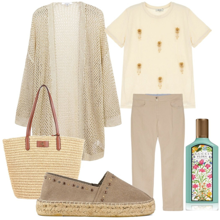 Outfit donna - Profumo di primavera. Stile Casual chic per Tutti i giorni. Abbinamento con borse a spalla, profumi, kimono, t-shirt, pantaloni, espadrillas.