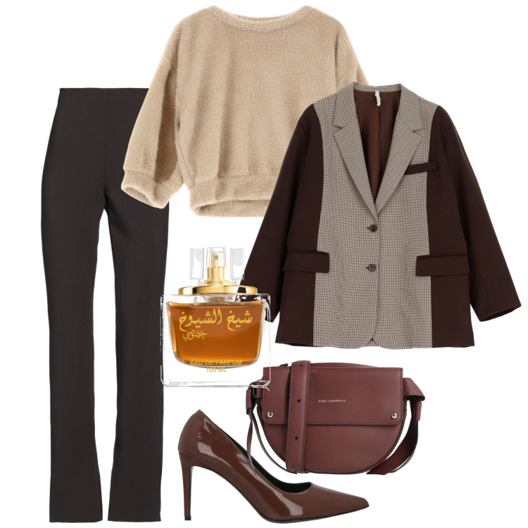 Outfit donna - Mocha mousse al caramello. Stile Bon Ton per Tutti i giorni. Abbinamento con pantaloni, décolleté, borse a tracolla, profumi, blazer, pullovers.