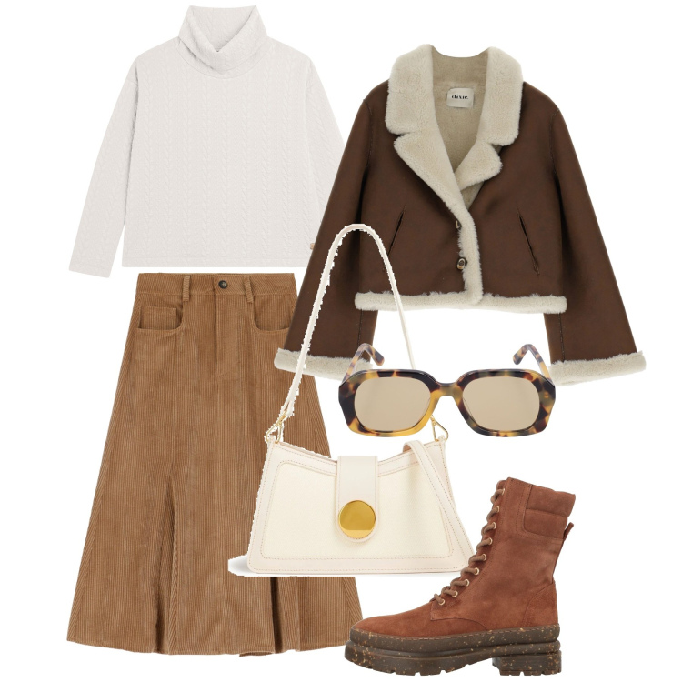 Outfit donna - Mocha mousse alla panna. Stile Bon Ton per Tutti i giorni. Abbinamento con anfibi, borse a spalla, maglieria, gonne longuette, blazer, occhiali da sole.