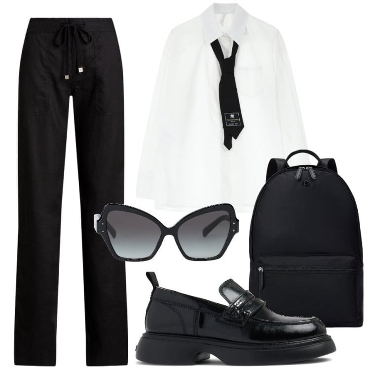 Outfit donna - Mannish. Stile Mannish per Ufficio. Abbinamento con occhiali da sole, camicie, zaini, pantaloni, mocassini.