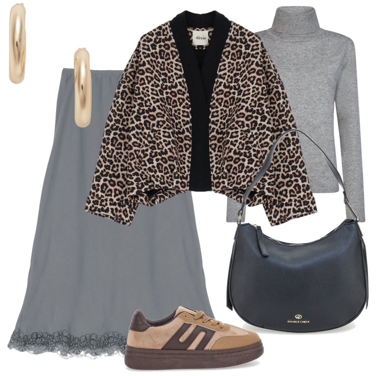 Outfit donna - City. Stile Glamour per Tutti i giorni. Abbinamento con gonne longuette, giacche, orecchini, sneakers, borse a spalla, maglieria.