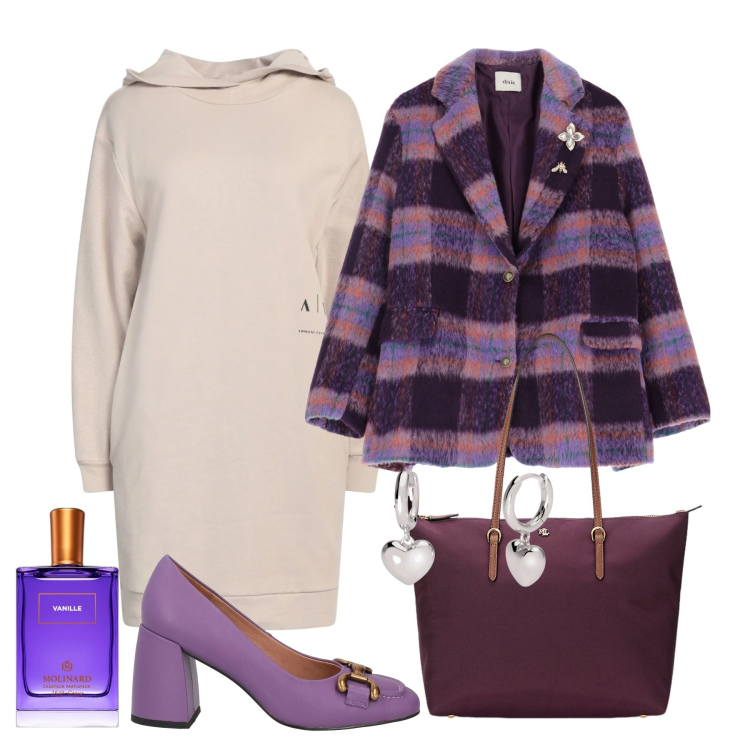 Outfit donna - Maxi felpa e décolleté. Stile Bon Ton per Ufficio. Abbinamento con décolleté, vestiti corti, profumi, orecchini, blazer, borse tote.