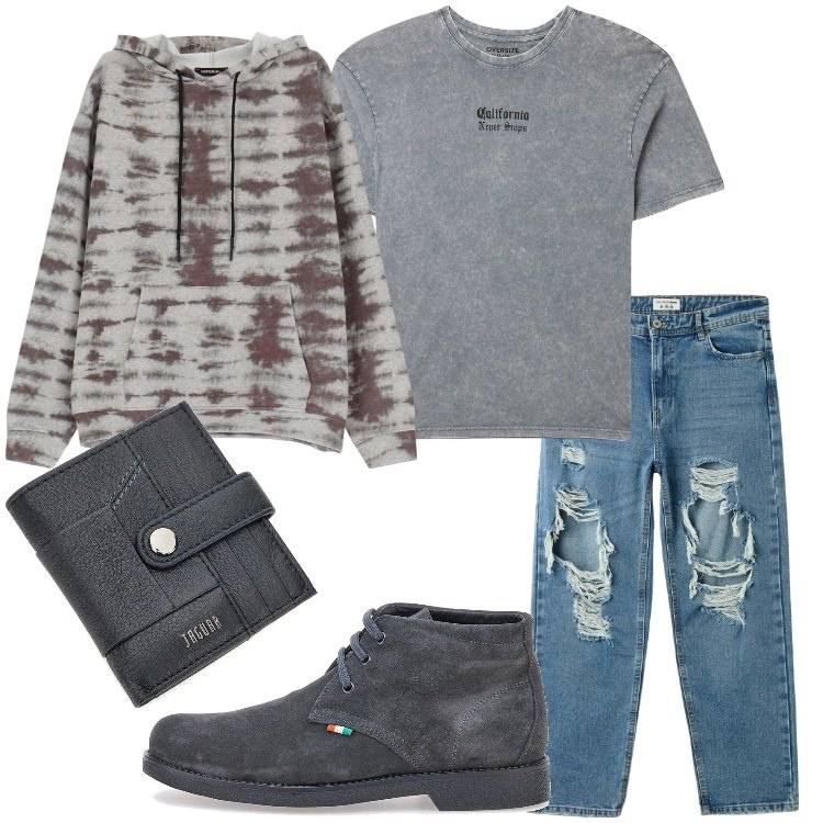 Outfit uomo - Per il tempo libero. Stile Casual per Tutti i giorni. Abbinamento con jeans strappati, t-shirt, felpe con cappuccio, portafogli, stivali e stivaletti.
