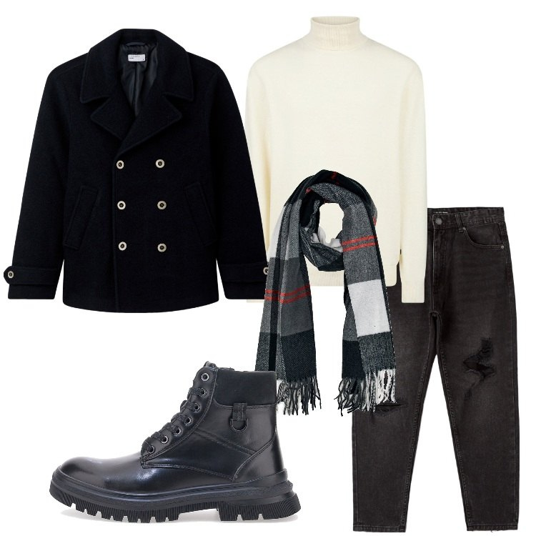 Outfit uomo - Il cappotto corto misto lana. Stile Trendy per Tutti i giorni. Abbinamento con jeans strappati, cappotti, sciarpe, anfibi, maglieria.