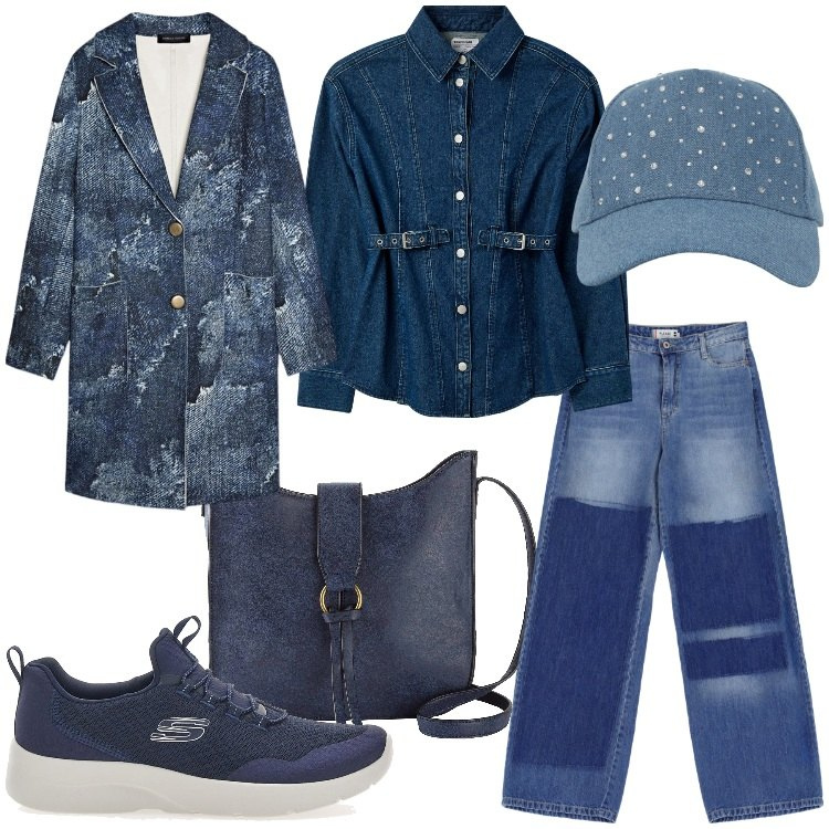Outfit donna - Total denim - @jsabelle. Stile Casual per Scuola/Università. Abbinamento con borse a tracolla, cappelli, camicie, jeans a zampa, cappotti, sneakers.