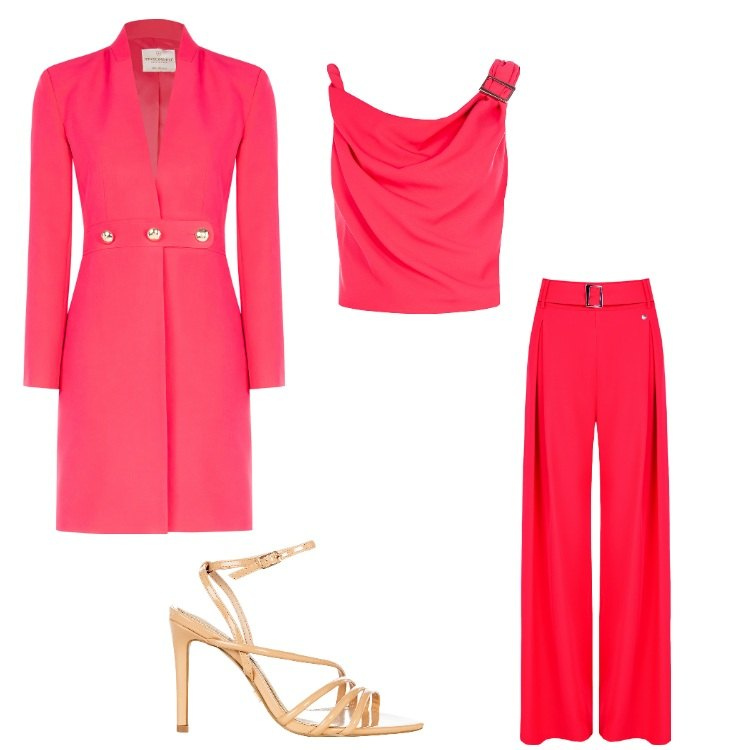 Outfit donna - Fucsia Lover. Stile Bon Ton per Ufficio. Abbinamento con trench, top, pantaloni, sandali col tacco.
