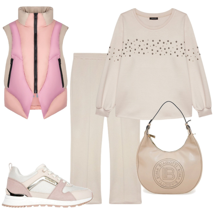 Outfit donna - Gilet vivace. Stile Glamour per Tutti i giorni. Abbinamento con piumini, pantaloni, felpe, sneakers, borse a spalla.