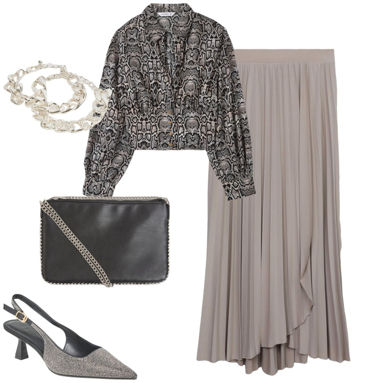 Outfit donna - Un occasione speciale. Stile Chic per Serata fuori. Abbinamento con gonne lunghe, borse a tracolla, bluse, décolleté, braccialetti.